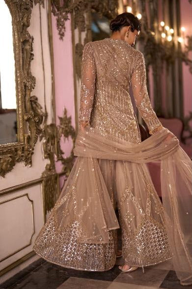 Taupe Beige Embellished Premium Net Palazzo Set