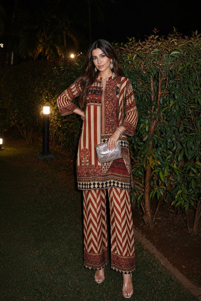 Rust Striped Printed Crepe Silk Co-Ord Set