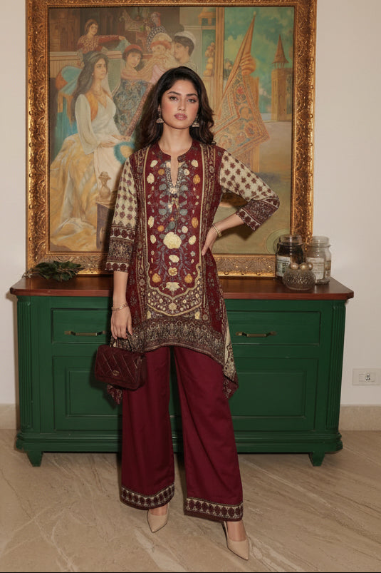 Mahagony Maroon Printed Modal Silk Palazzo Set
