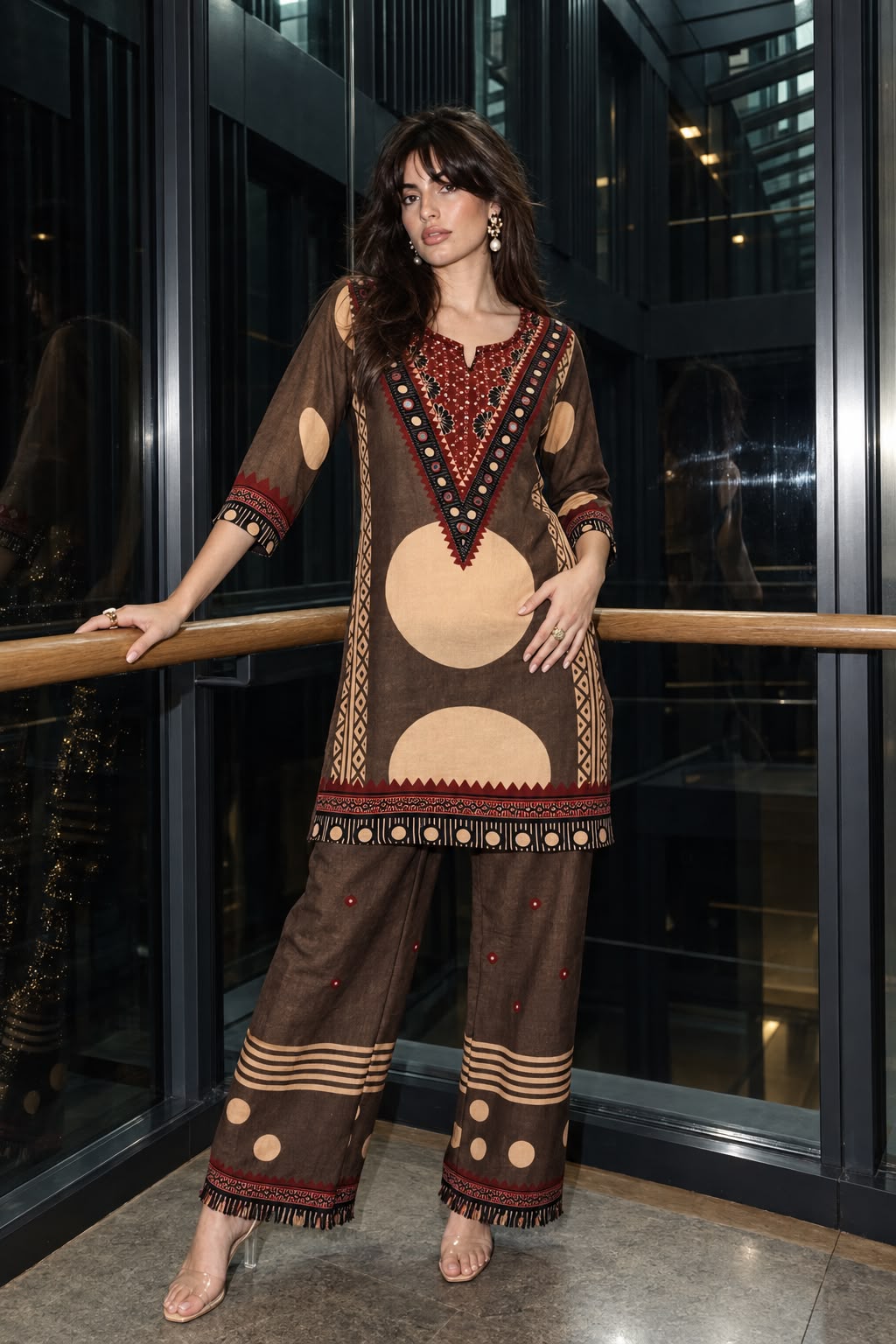 Brown Beige Printed Crepe Silk Co-Ord Set