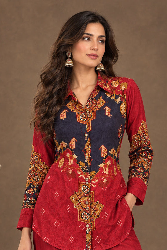 Crimson & Navy Printed Crepe Silk Co-ord Set