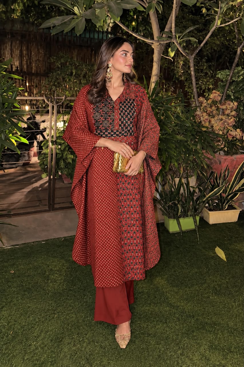 Brick Red Ajrakh Print Pure Cotton Kaftan Set