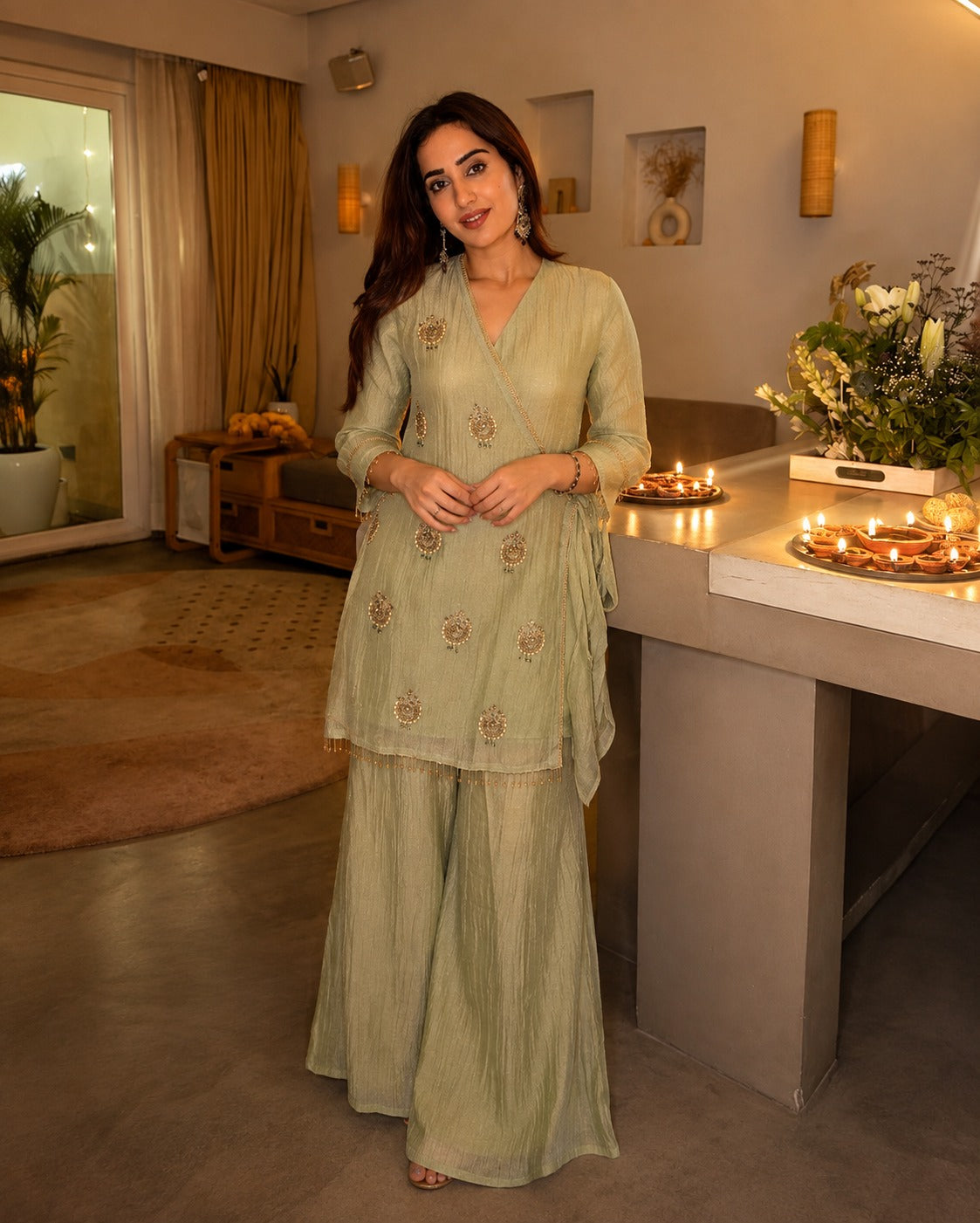 Olive Gold Embellished Tissue Silk Co-ord Set