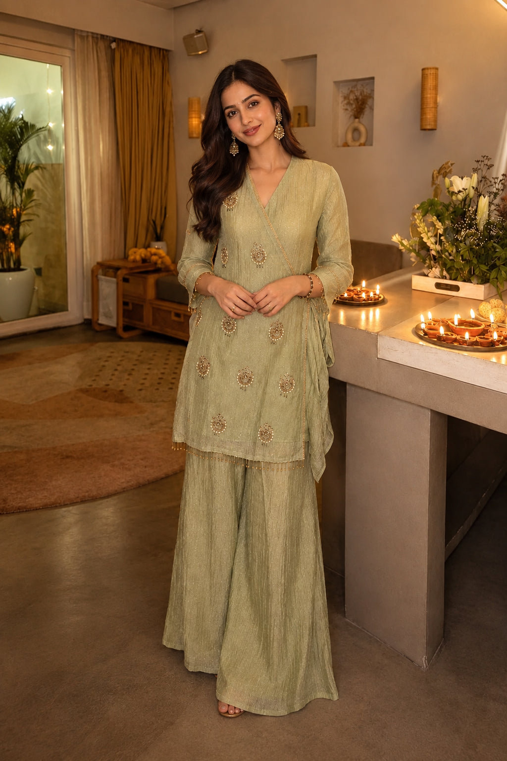 Olive Gold Embellished Tissue Silk Co-ord Set