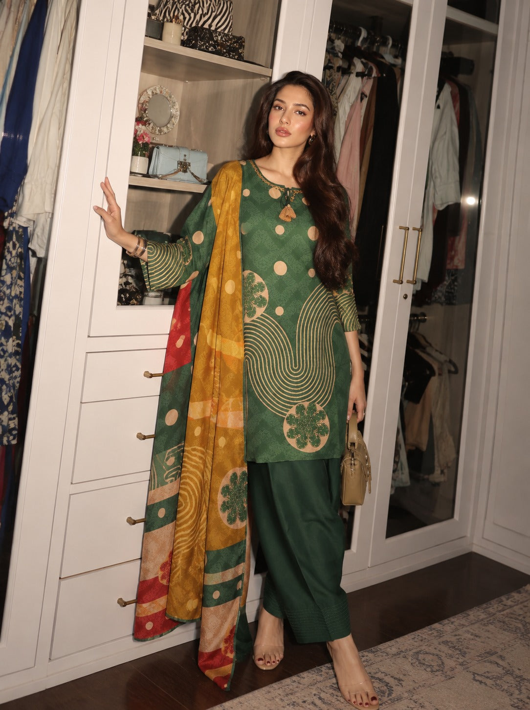 Forest Green Printed Crepe Silk Farshi Salwar Set