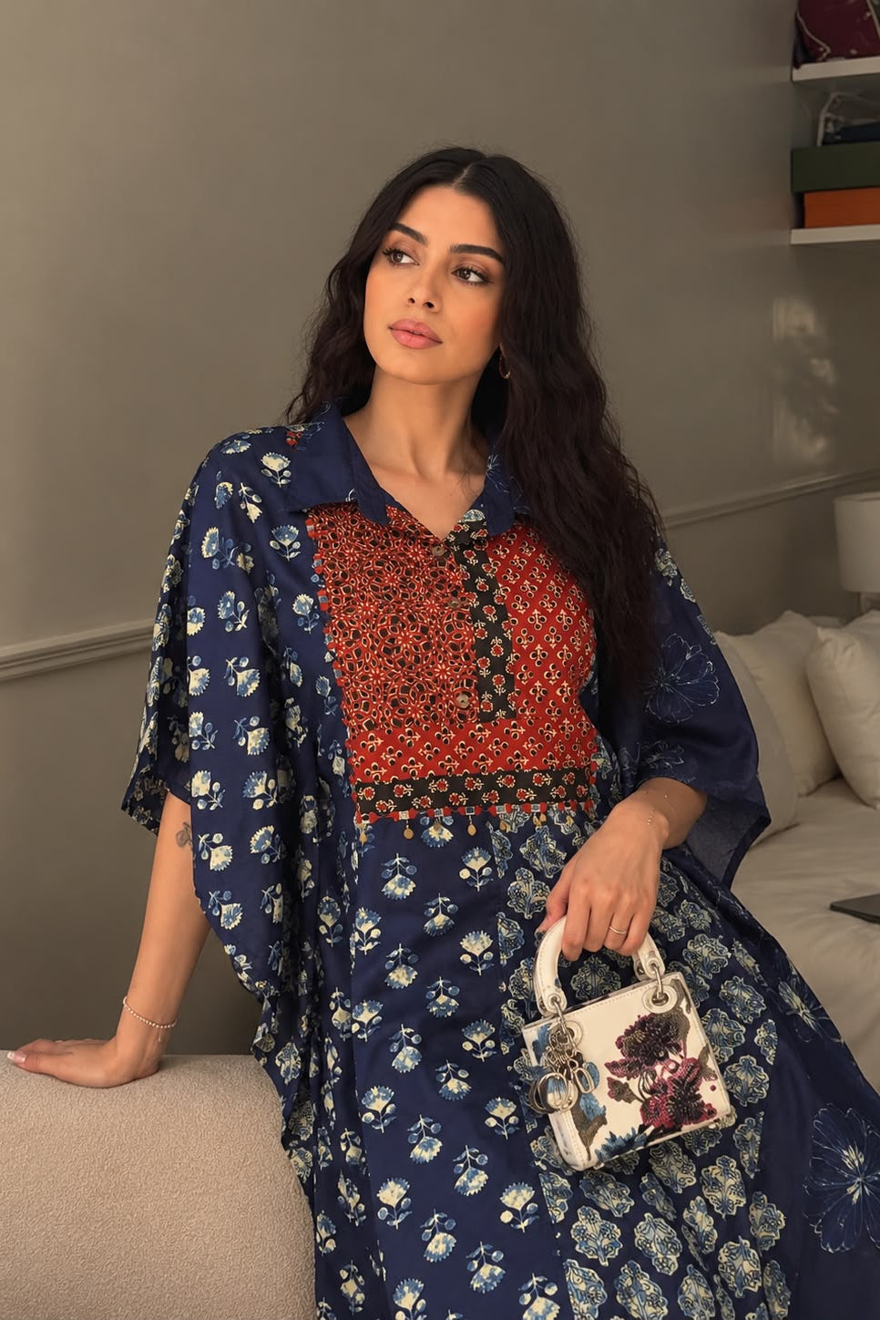 Navy Blue Ajrakh Print Pure Cotton Kaftan Set