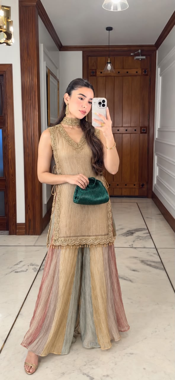 Champagne Gold Embellished Tissue Silk Palazoo Set