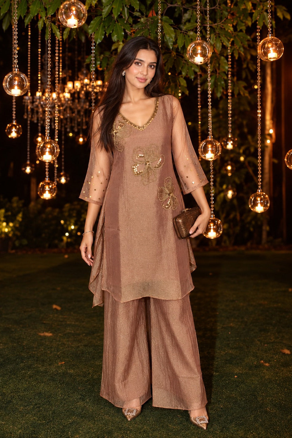 Dusty Rose Embellished Tissue Silk Palazoo Set