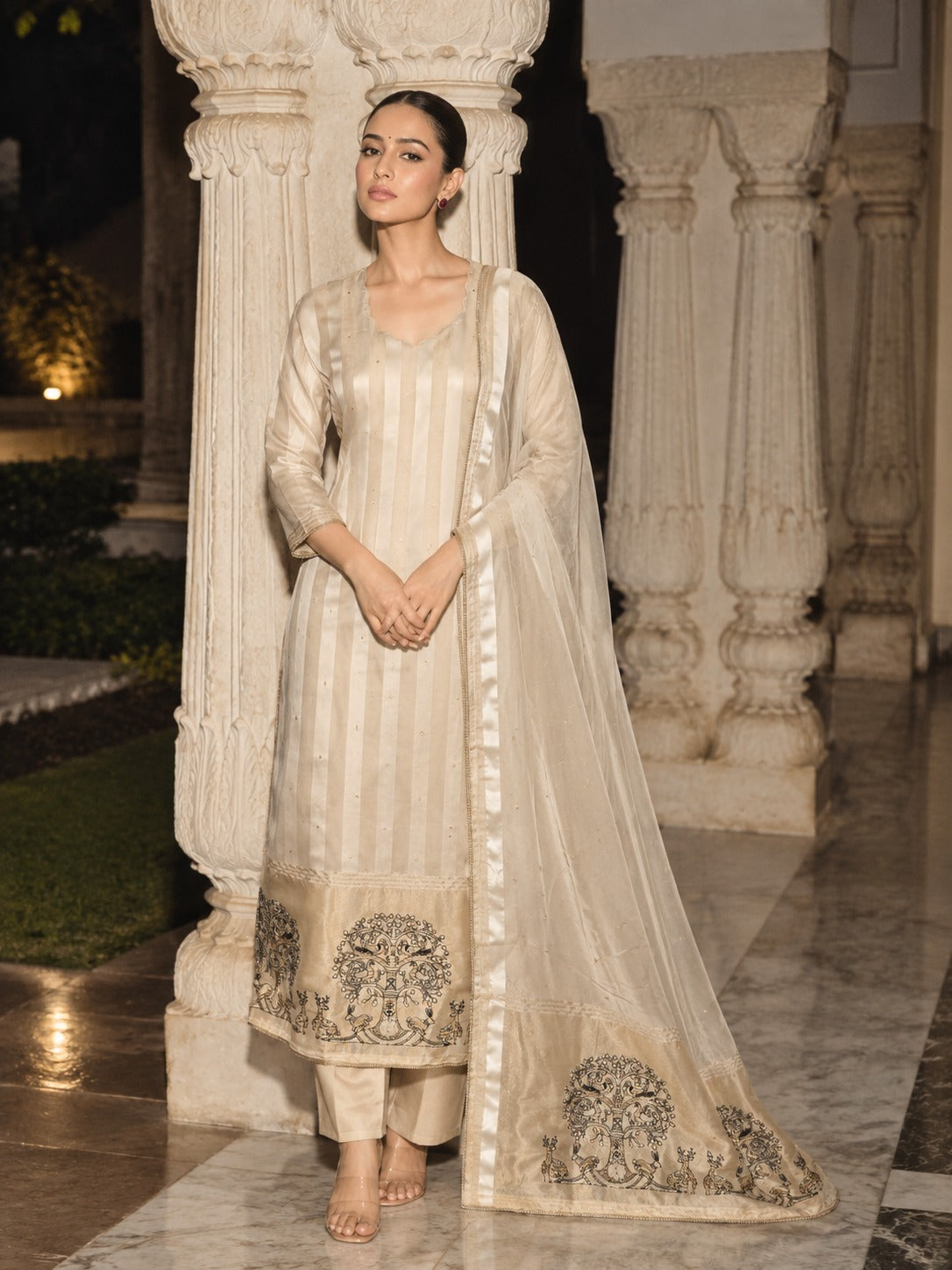 Ivory Cream Embellished Kanjivaram Silk Pant Set