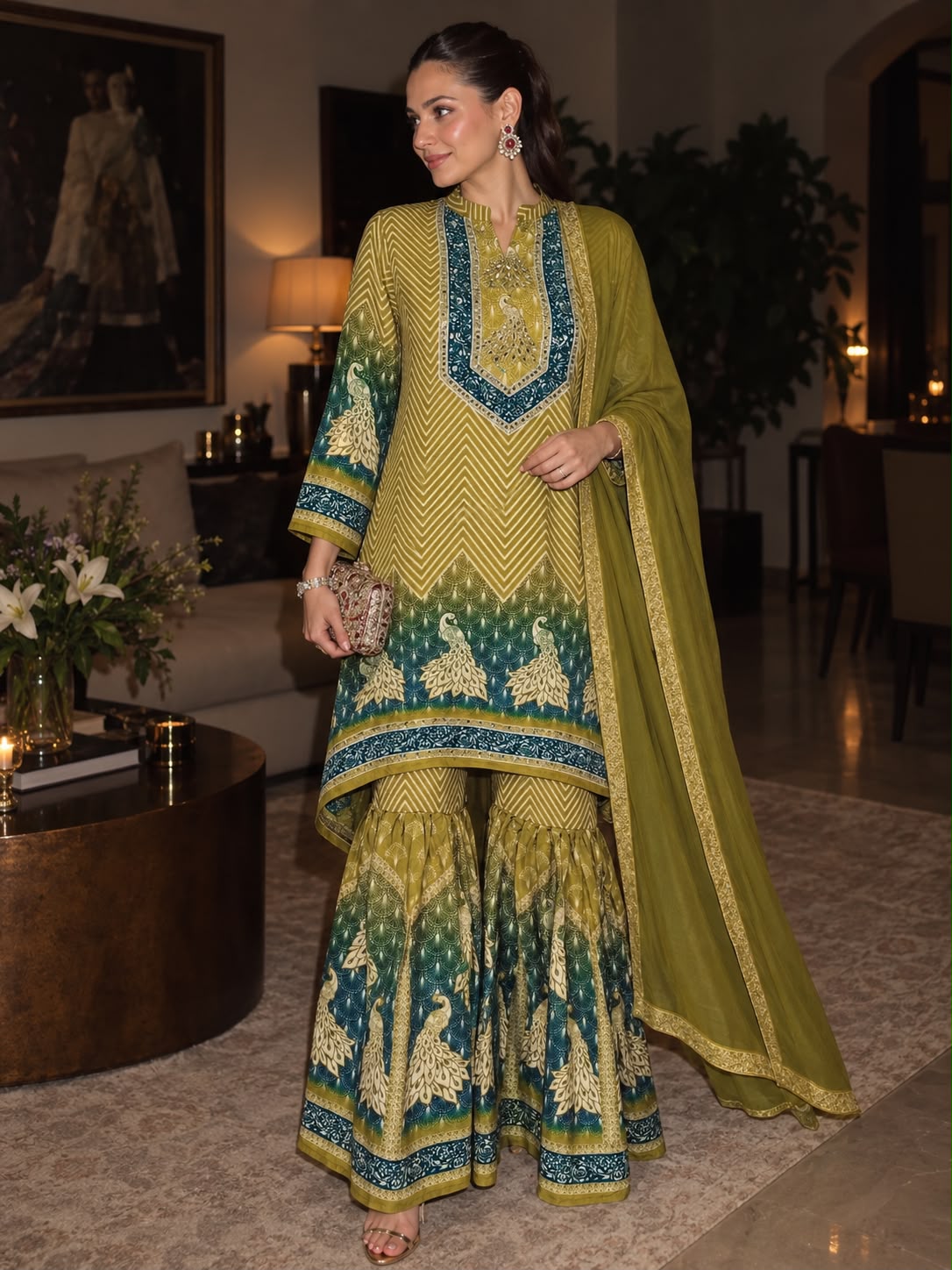 Olive Green Embellished Crepe Silk Sharara Set