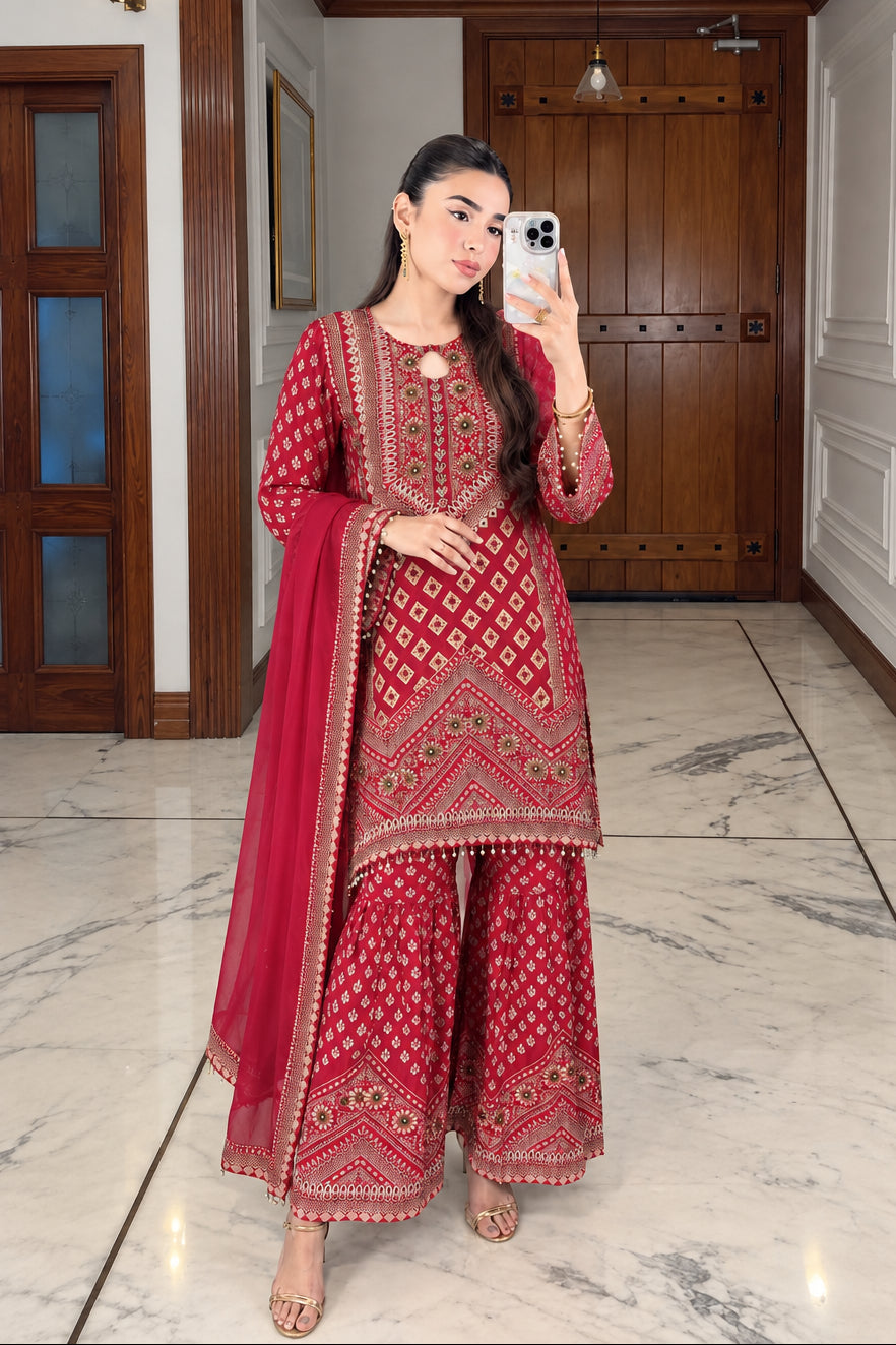 Deep Raspberry Pink Embellished Crepe Silk Sharara Set