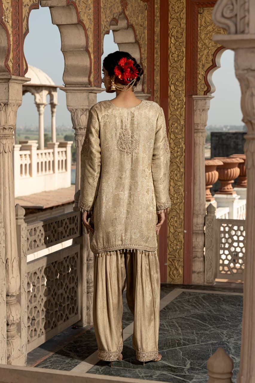 Pastel Olive Embellished Kimkhab Brocade Farshi Suit Set