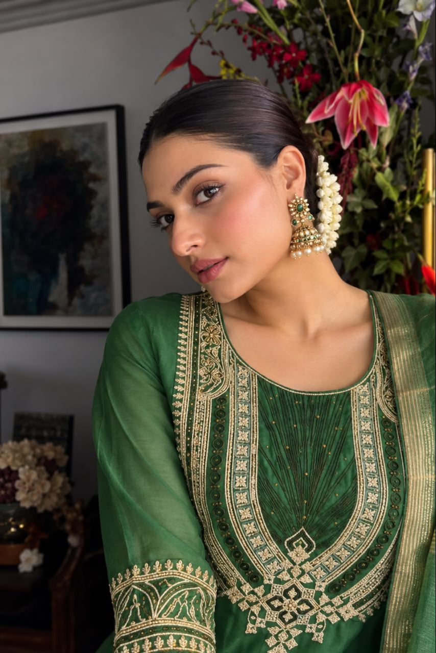 Emerald Green Embroidered Mul Chanderi Silk Anarkali Set