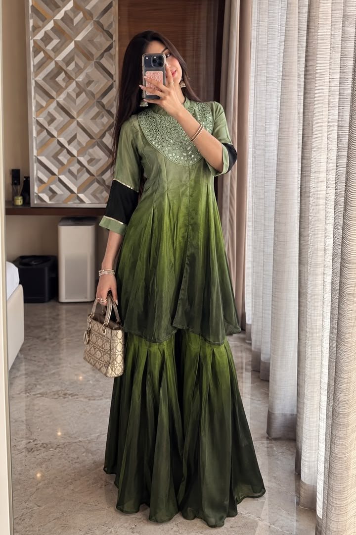 Ombre Green Mul Chanderi Silk Mirror Co-ord Set
