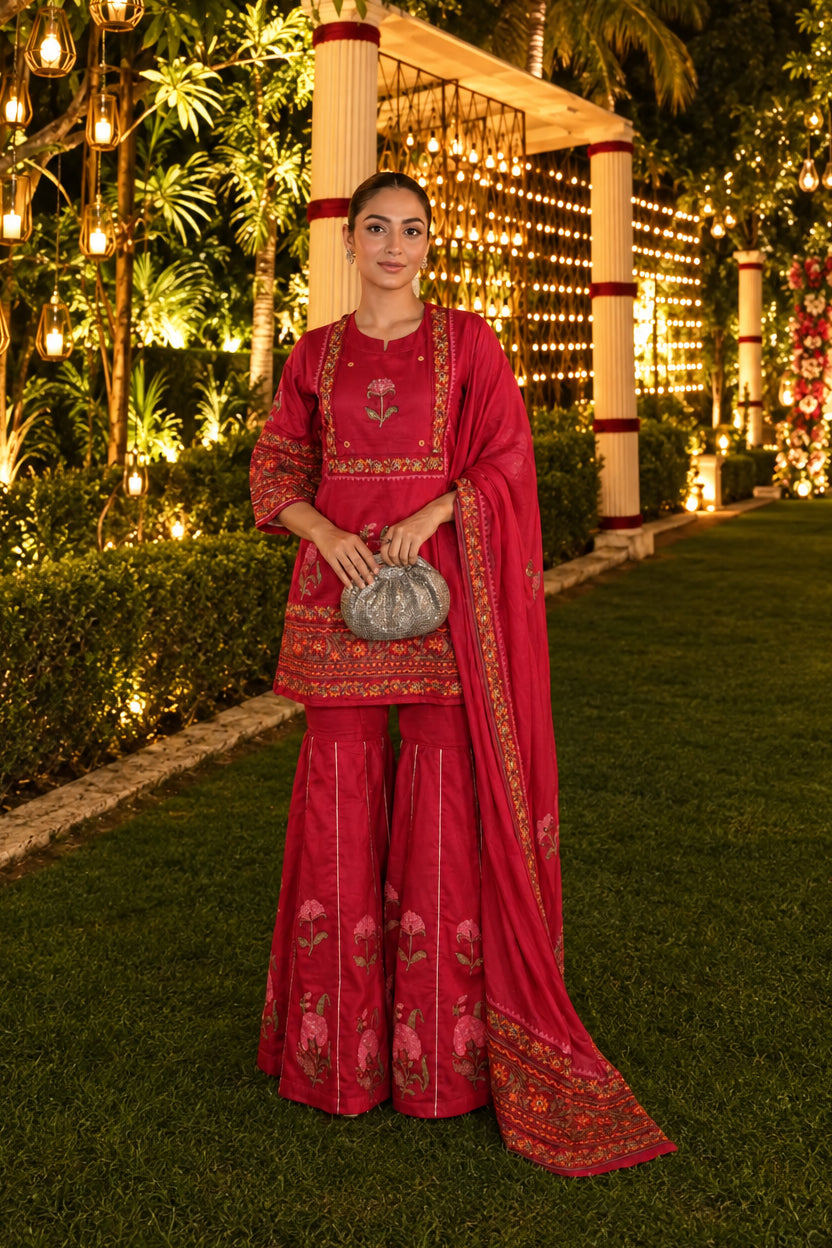Rani Pink Printed Pure Mulmul Sharara Set