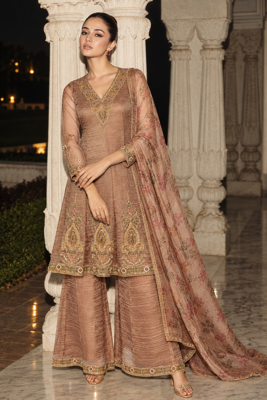 Rose Gold Embellished Shimmer Tissue Silk Anarkali Set