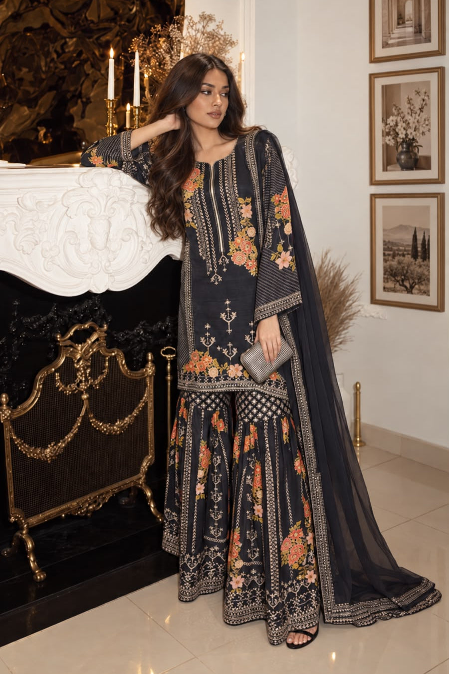 Midnight Black Embellished Crepe Silk Sharara Set