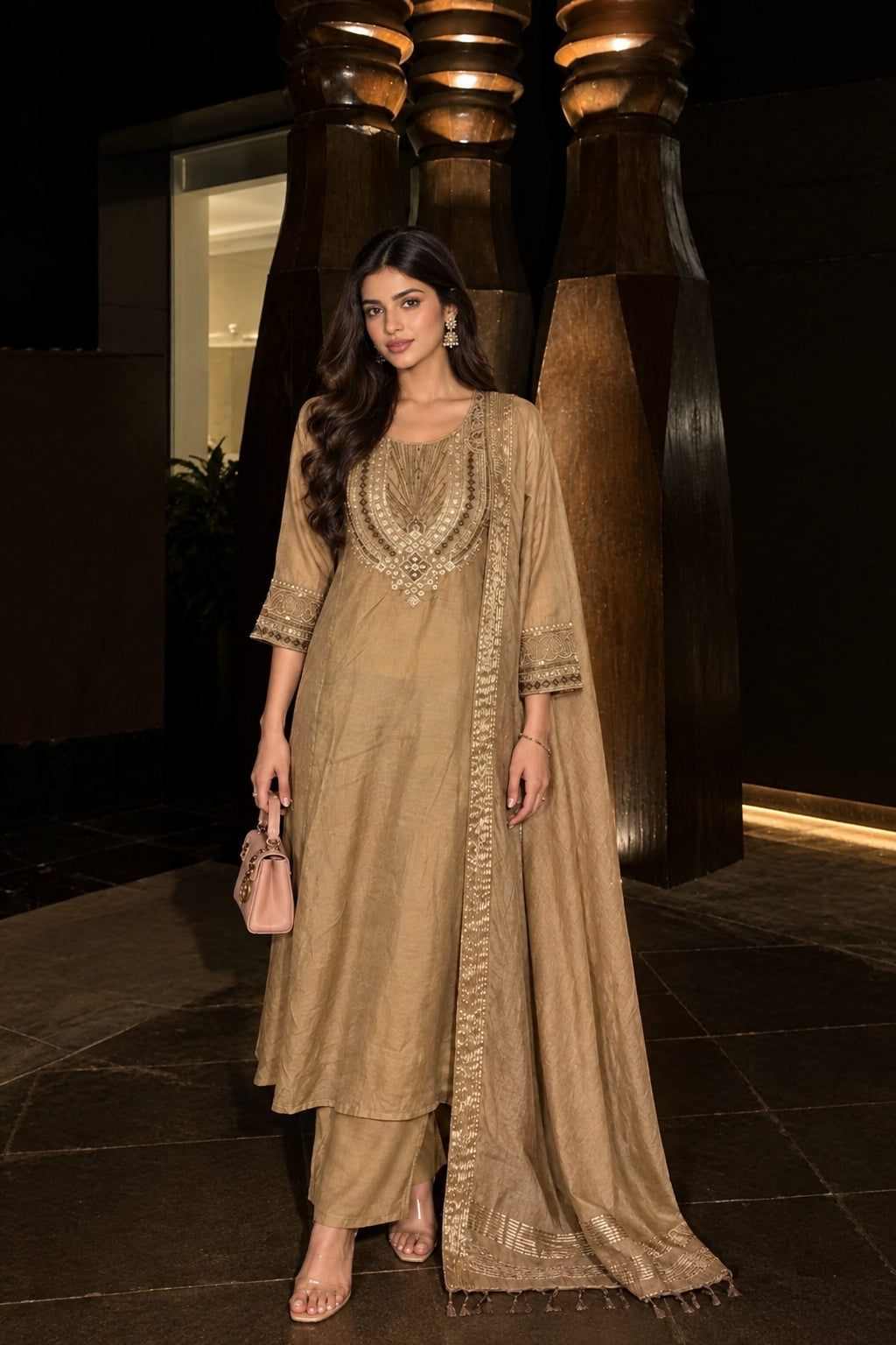 Beige Gold Embroidered Mul Chanderi Silk Anarkali Set