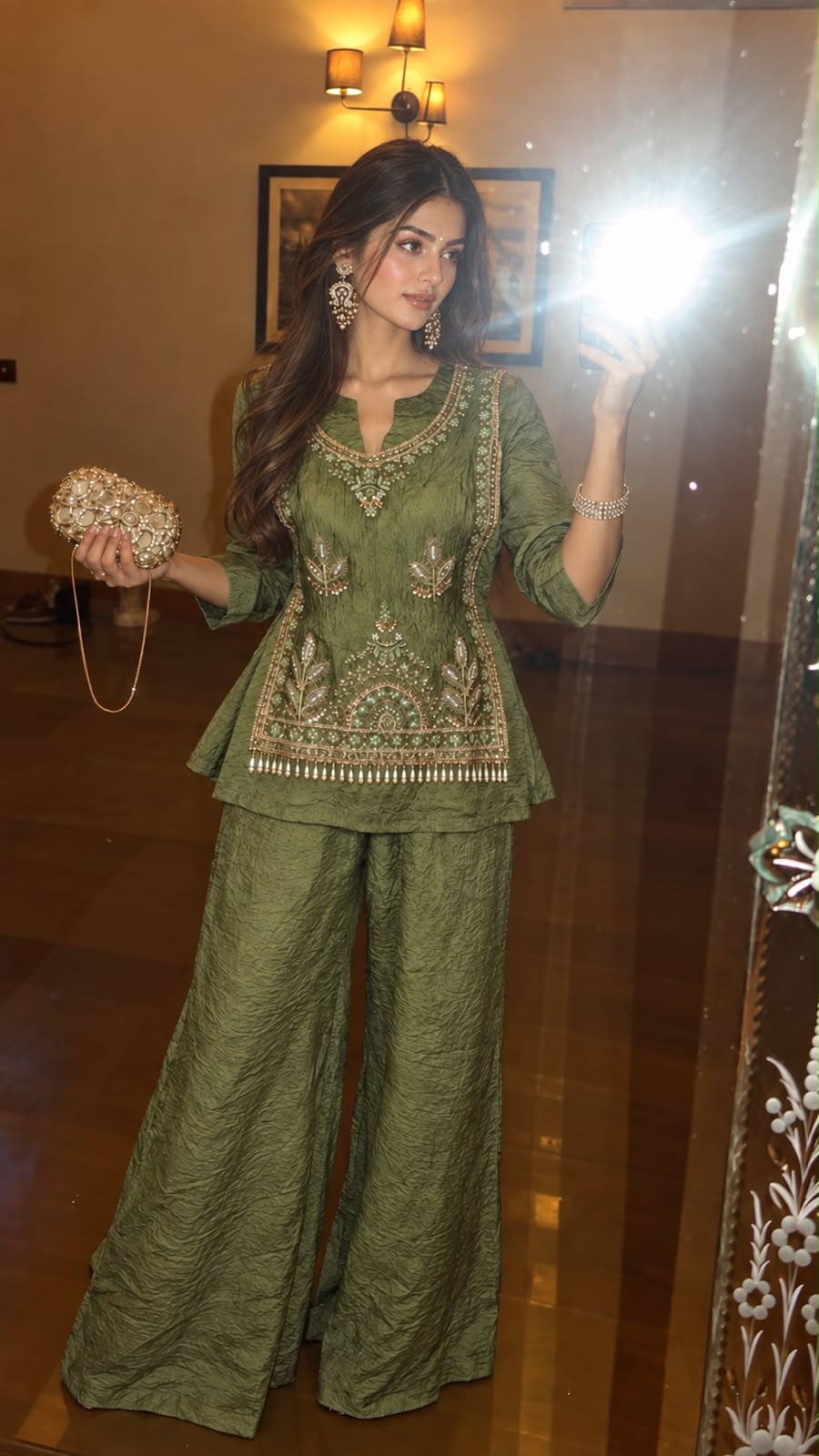 Mist Green Embellished Pure Crushed Silk Co-Ord Set