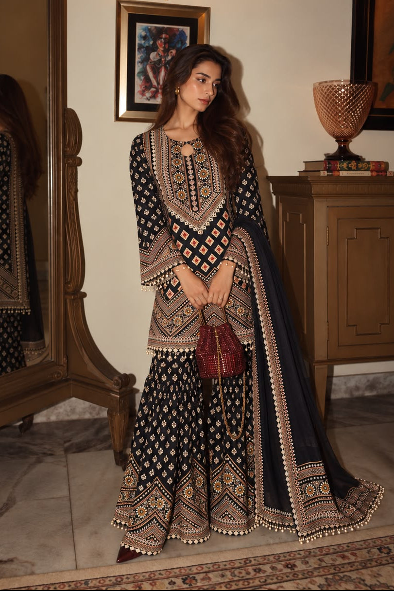Black Midnight Embellished Pure Crepe Silk Sharara Set