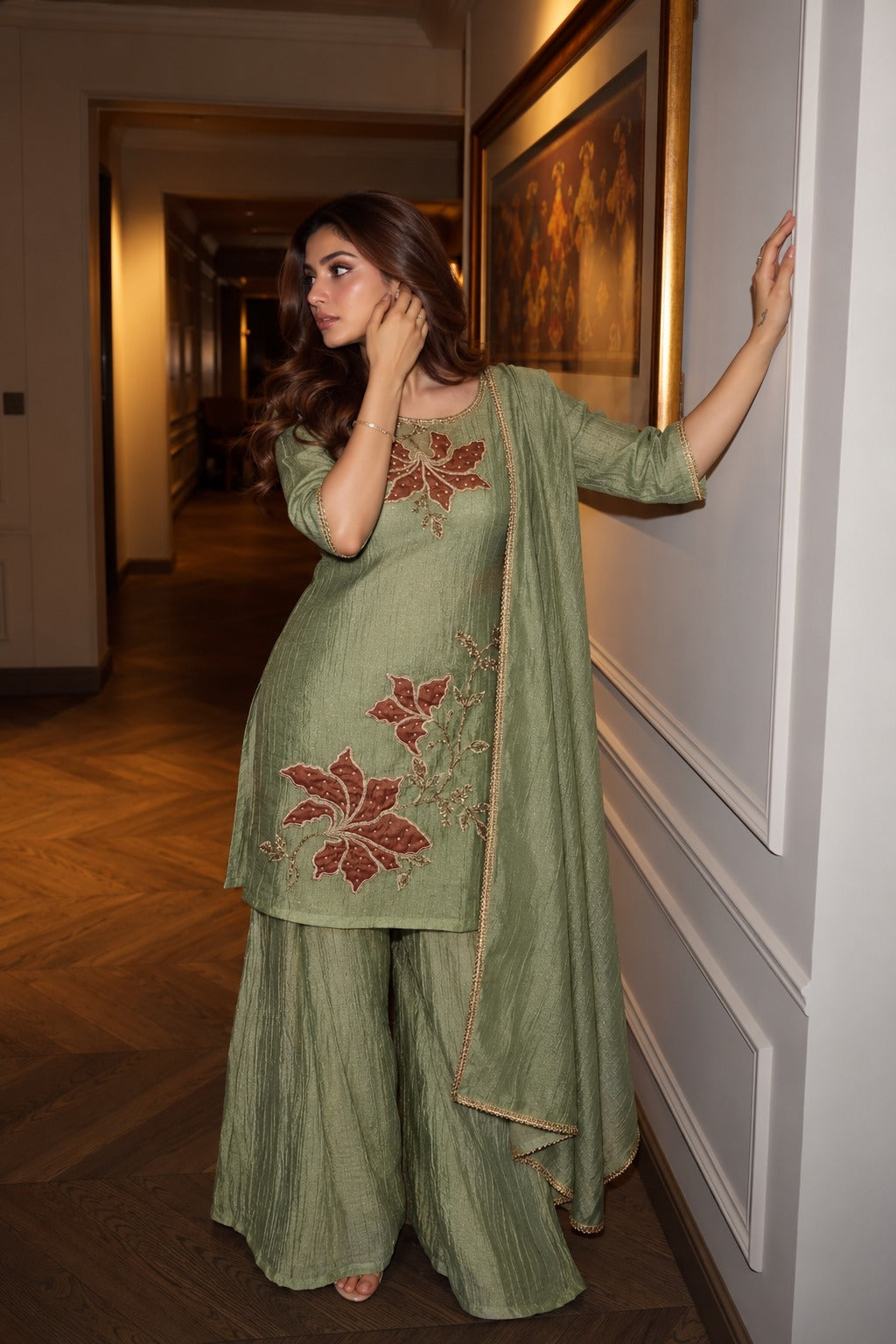 Sage Green Embellished Shimmer Tissue Silk Palazzo Set