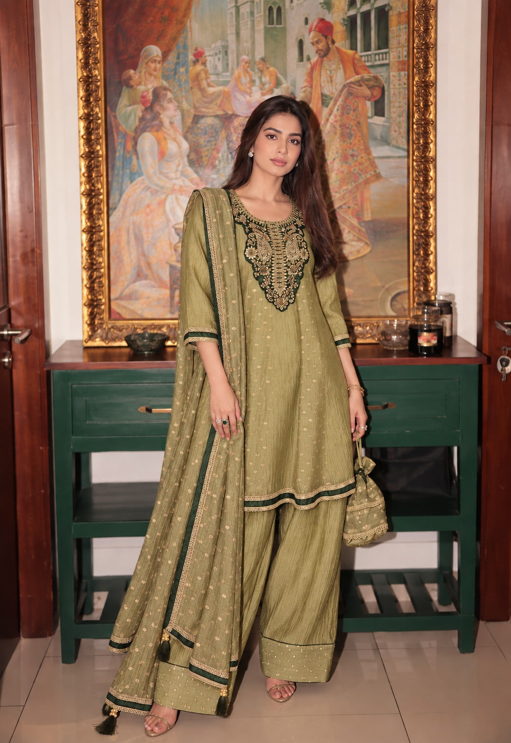 Olive Green Embellished Tissue Silk Anarkali Set