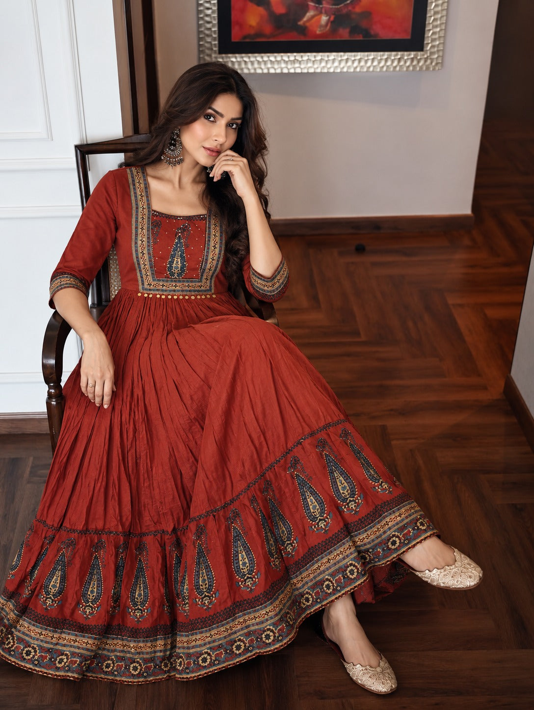 Rust Brick Embellished Mul Cotton Anarkali Set