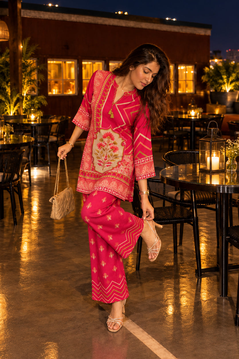 Fuchsia Pink Printed Crepe Silk Co-Ord Set