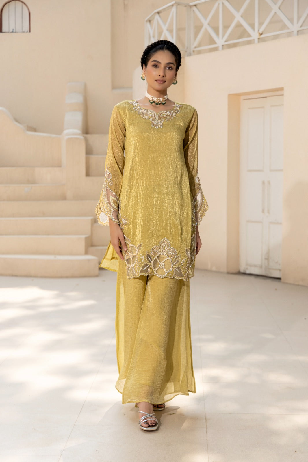 Pale Yellow Embellished Tissue Silk Suit Set