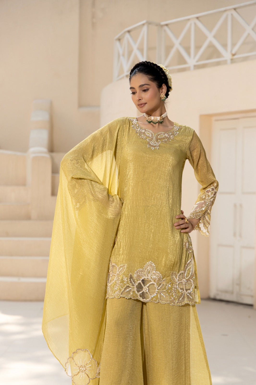 Pale Yellow Embellished Tissue Silk Suit Set