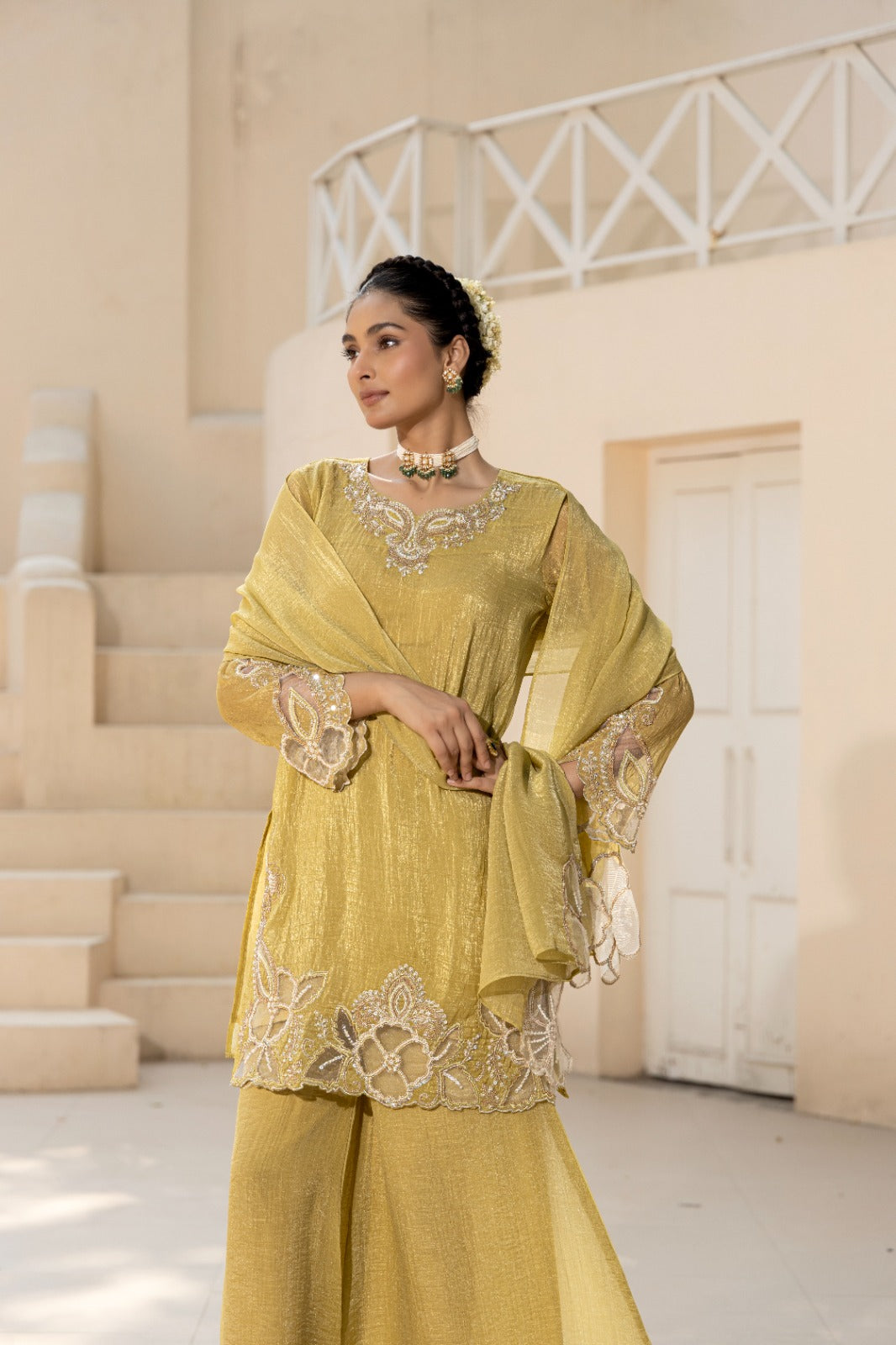 Pale Yellow Embellished Tissue Silk Suit Set