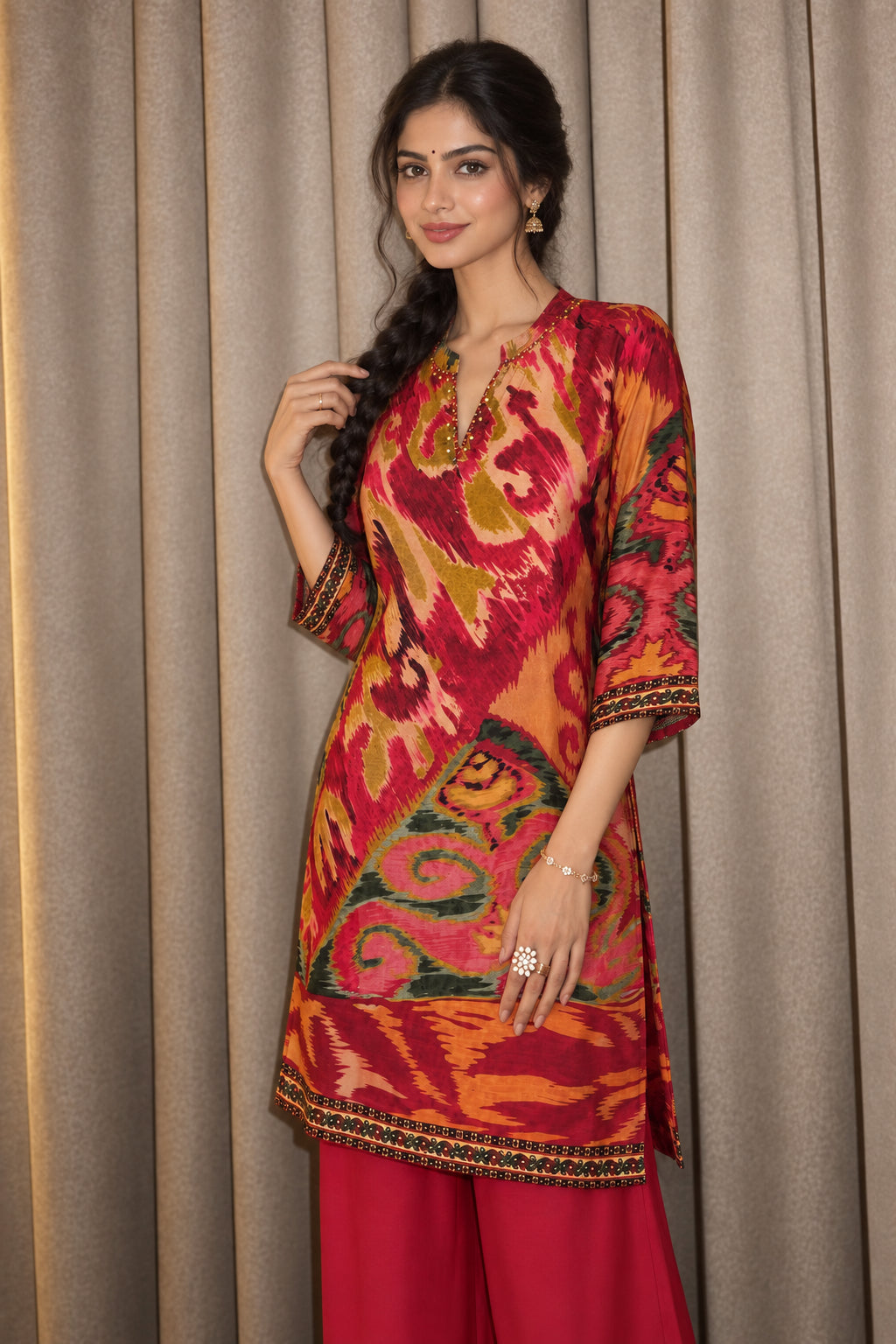 Fuchsia Pink Embellished Crepe Silk Palazzo Set