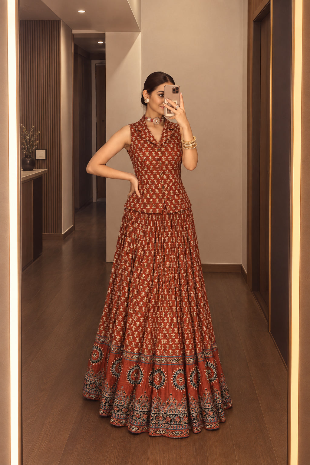 Rust Red Embellished Mul Cotton Skirt Set