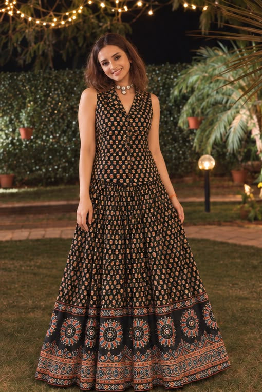 Jet Black Embellished Mul Cotton Skirt Set