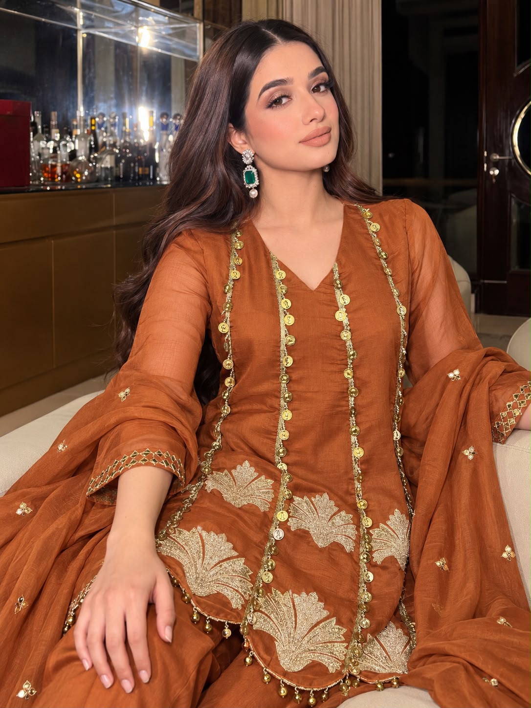 Burnt Rust Embellished Mul Chanderi Silk Anarkali Set