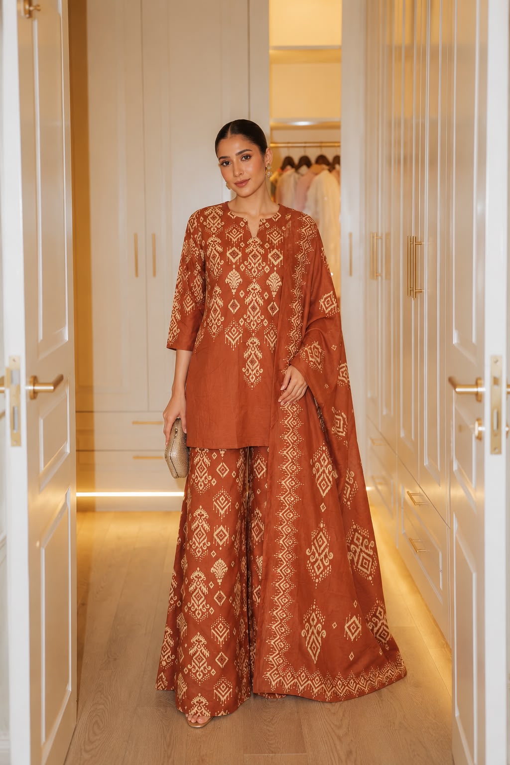 Rust Orange Embellished Cotton Palazzo Set