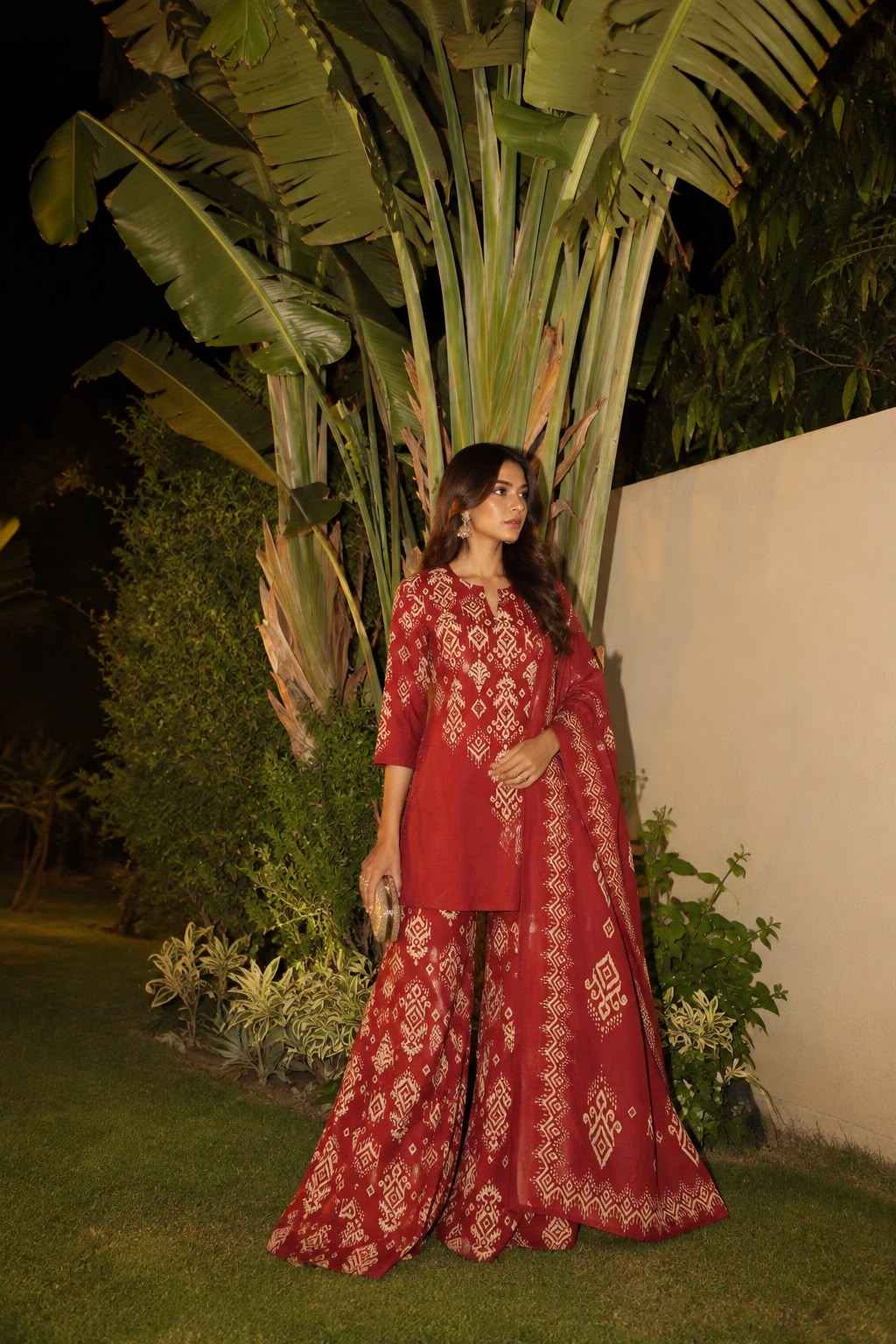 Maroon Red Embellished Cotton Palazzo Set