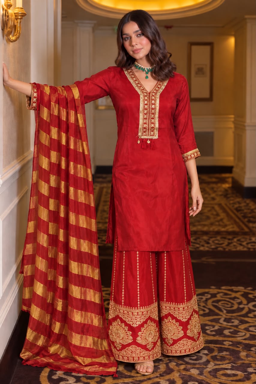 Royal Red Embellished Crepe Silk Palazzo Set