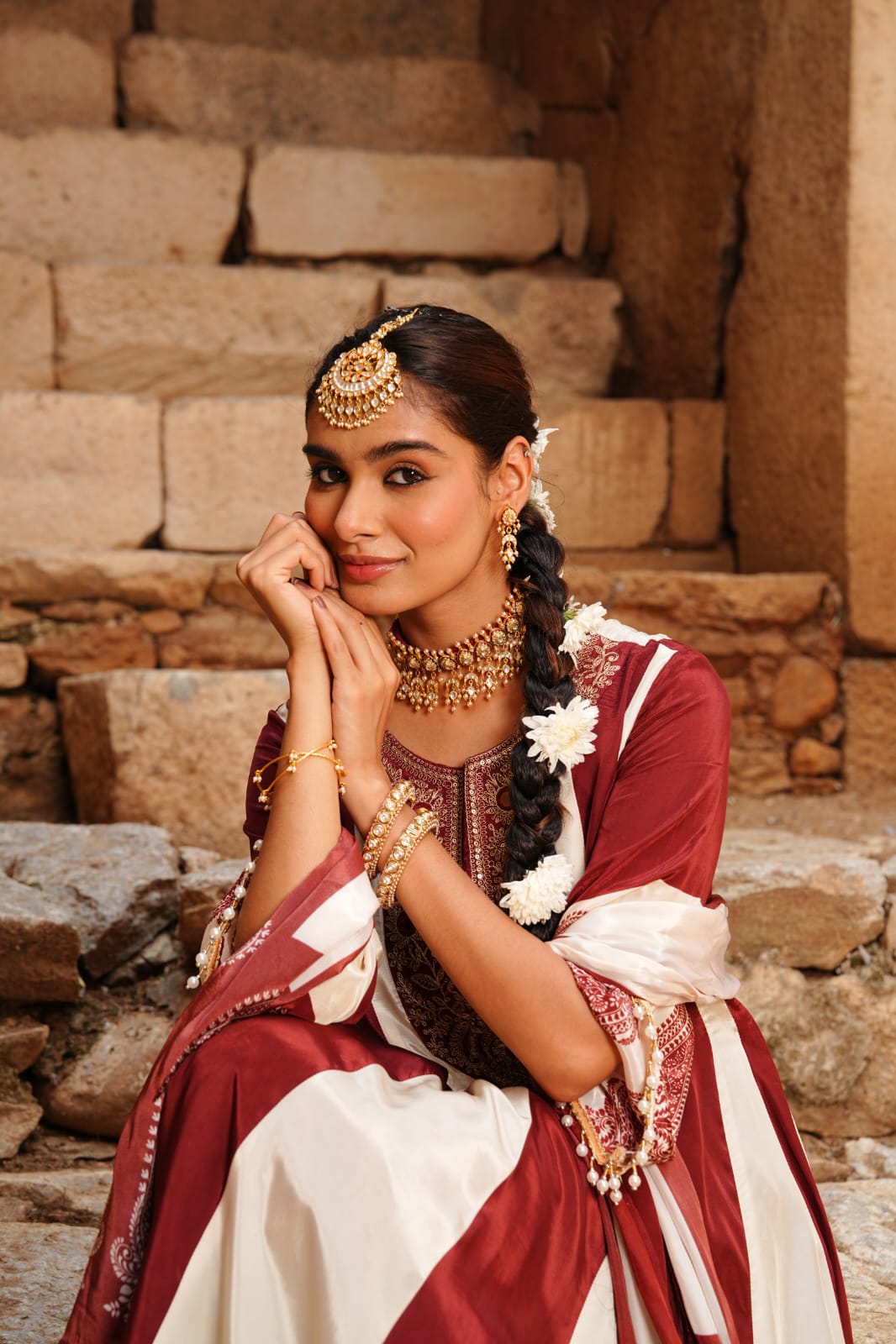 Rich Maroon & Ivory Embellished Crepe Silk Anarkali Set