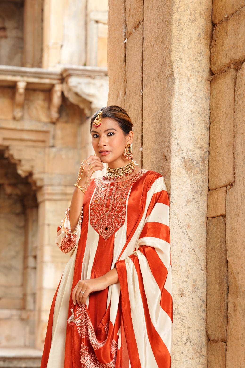 Rust Red & Off-White Ivory Embellished Crepe Silk Anarkali Set