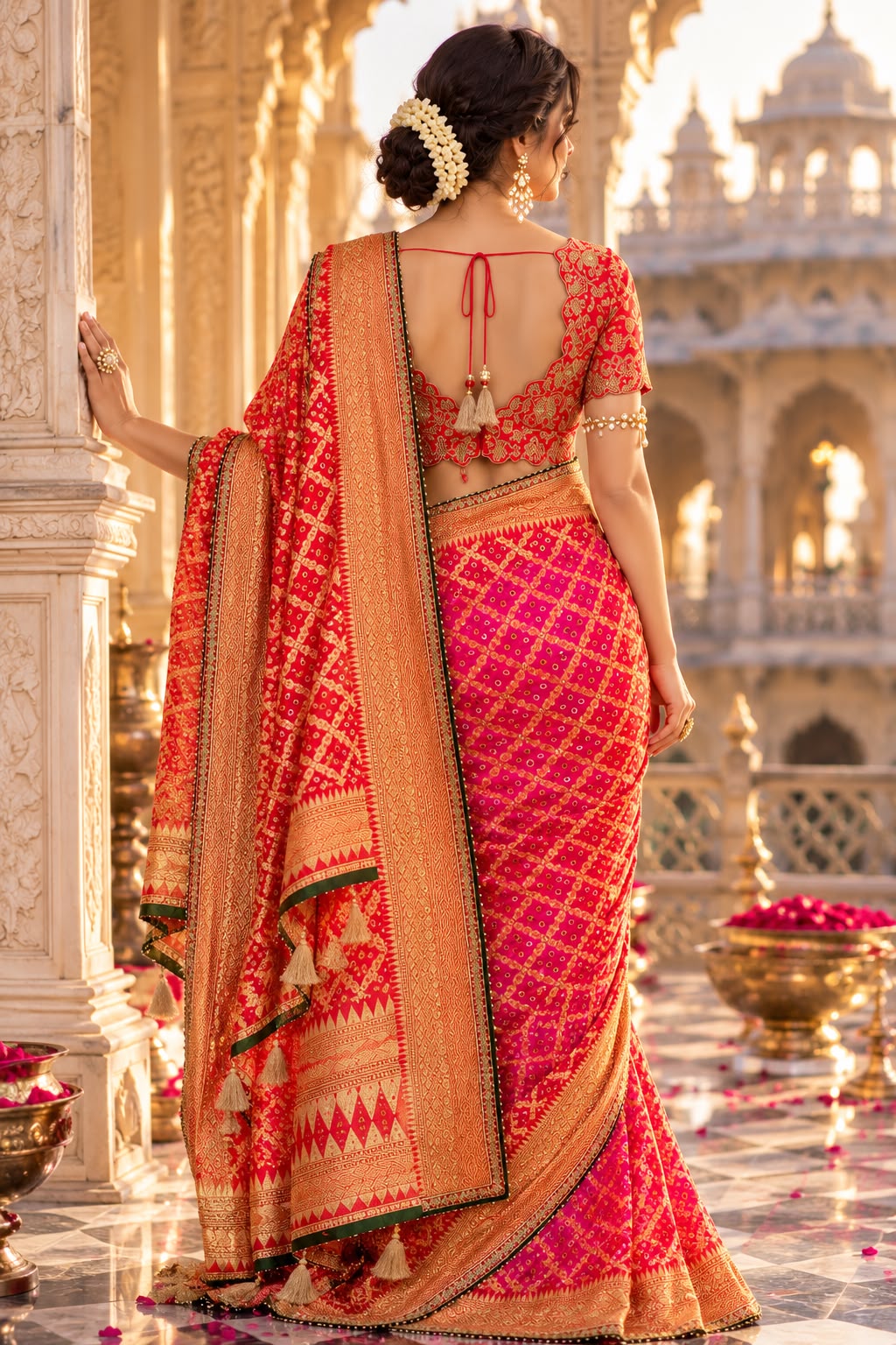 Red and Rani Pink Bandhej Zari Premium Silk Saree