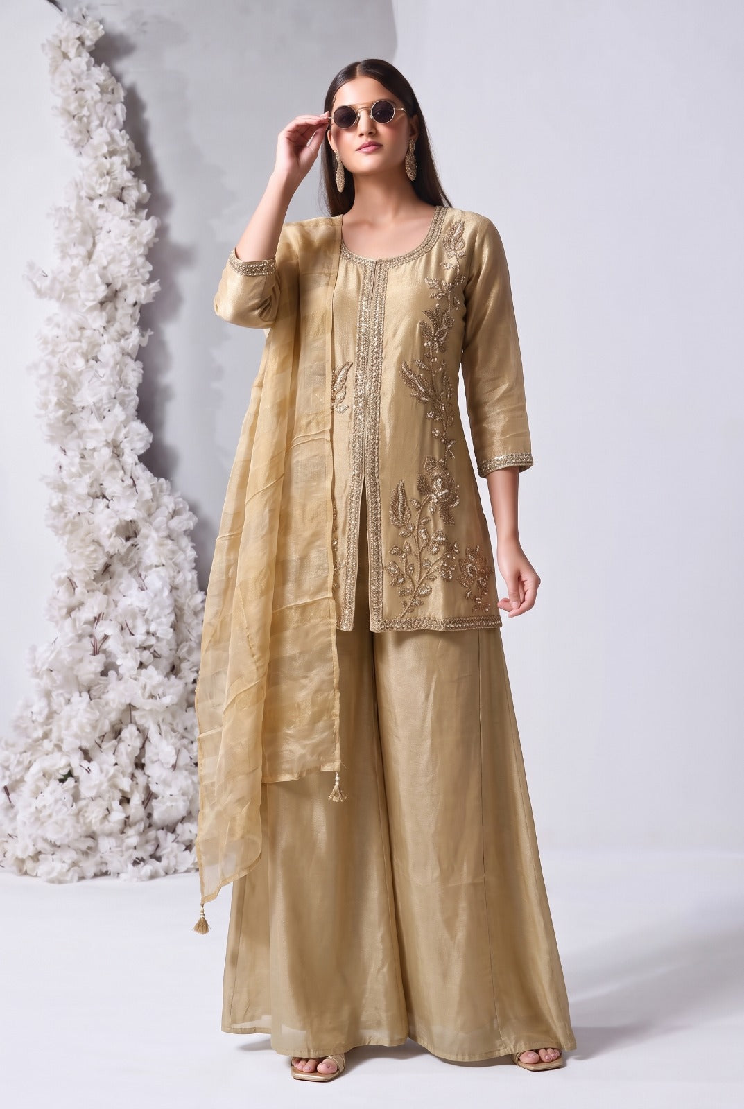 Champagne Gold Embellished Shimmer Silk Palazzo Set