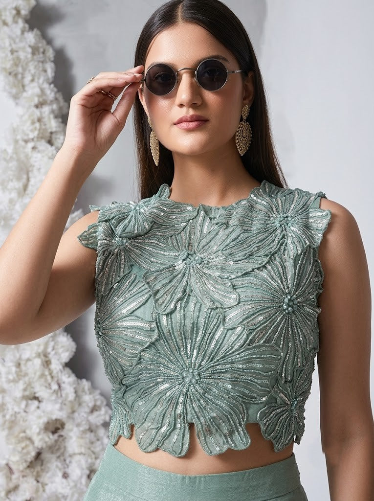 Mist Sky Embellished Shimmer Silk Palazzo Set