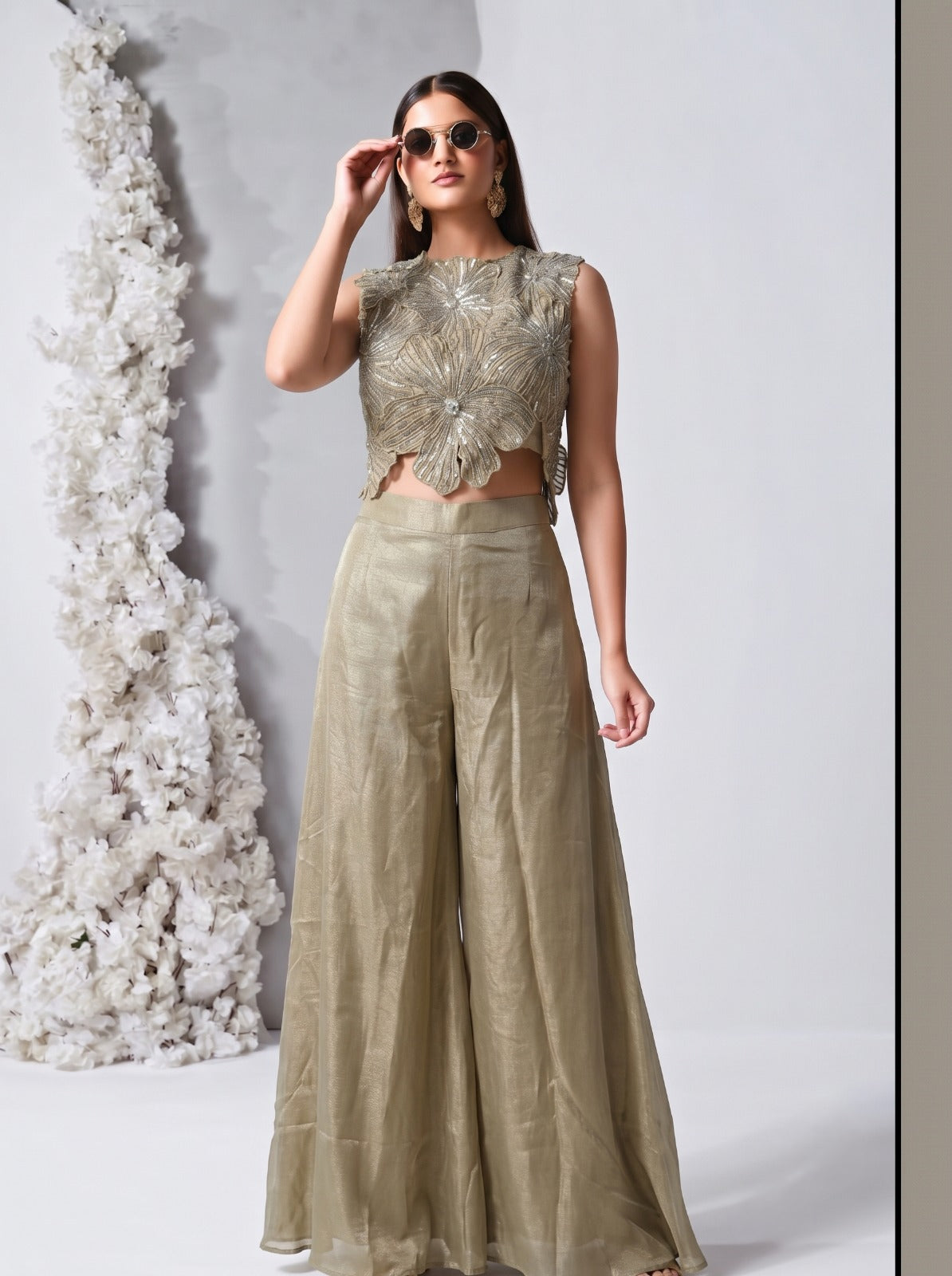 Mist Greige Embellished Shimmer Silk Palazzo Set