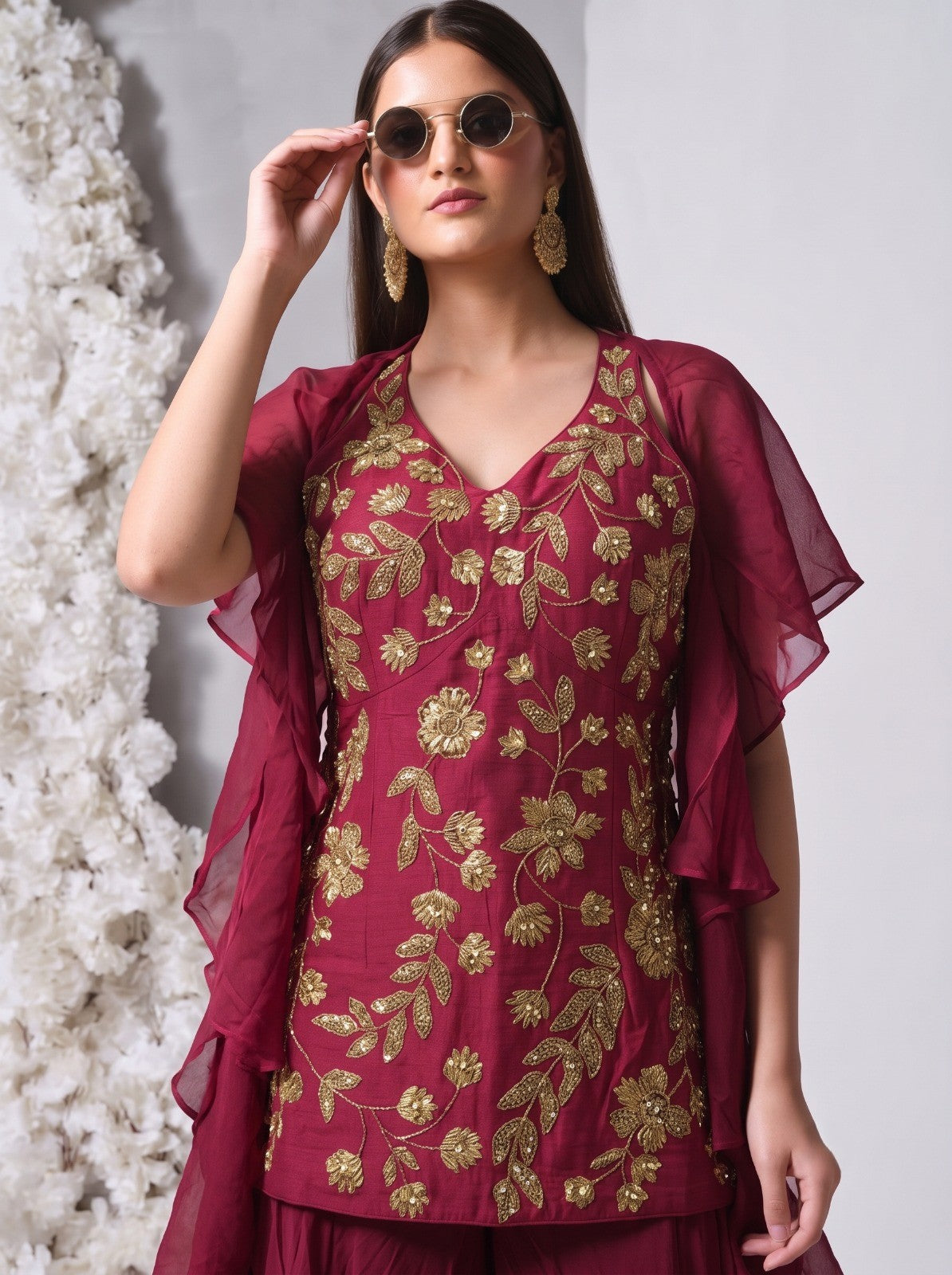 Deep Maroon Embellished Chinon Silk Palazzo Set
