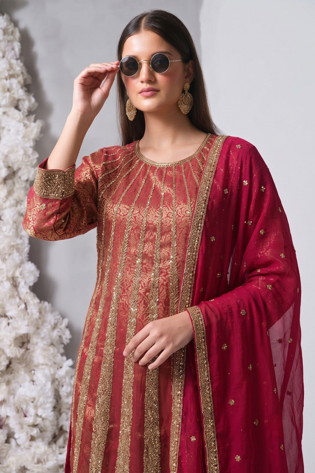 Fuchsia Pink Embellished Brocade Silk Palazzo Set