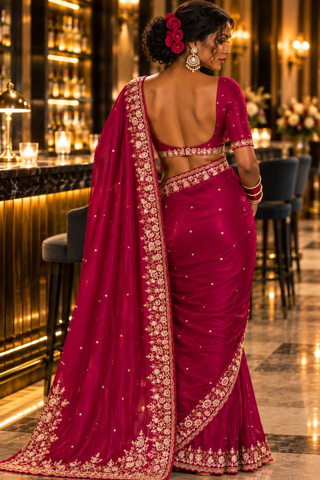 Raspberry Pink Embroidered Crepe Silk Saree