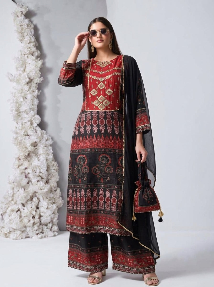 Red & Black Embellished Crepe Silk Palazzo Set