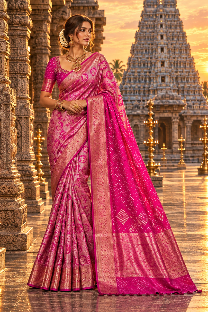 Rani Pink Embroidered Brocade Silk Saree