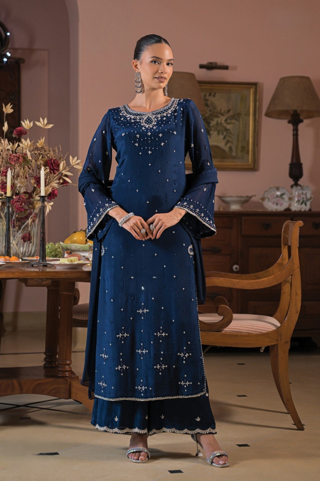 Midnight Blue Embellished Chinon Silk Pant Set